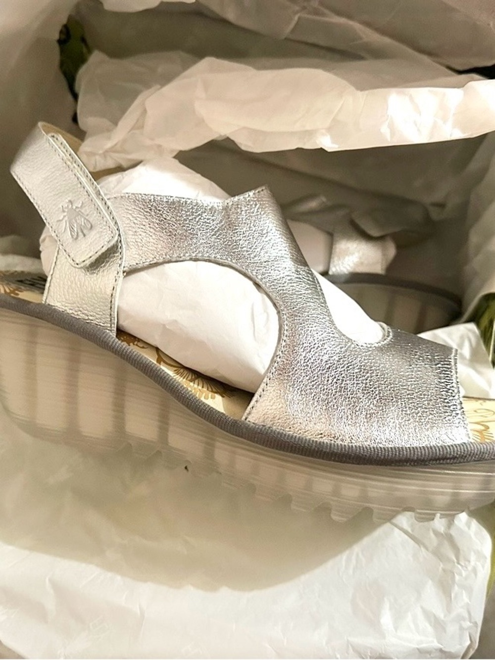 Fly London Metallic Silver Open-Toe Comfort Sandals